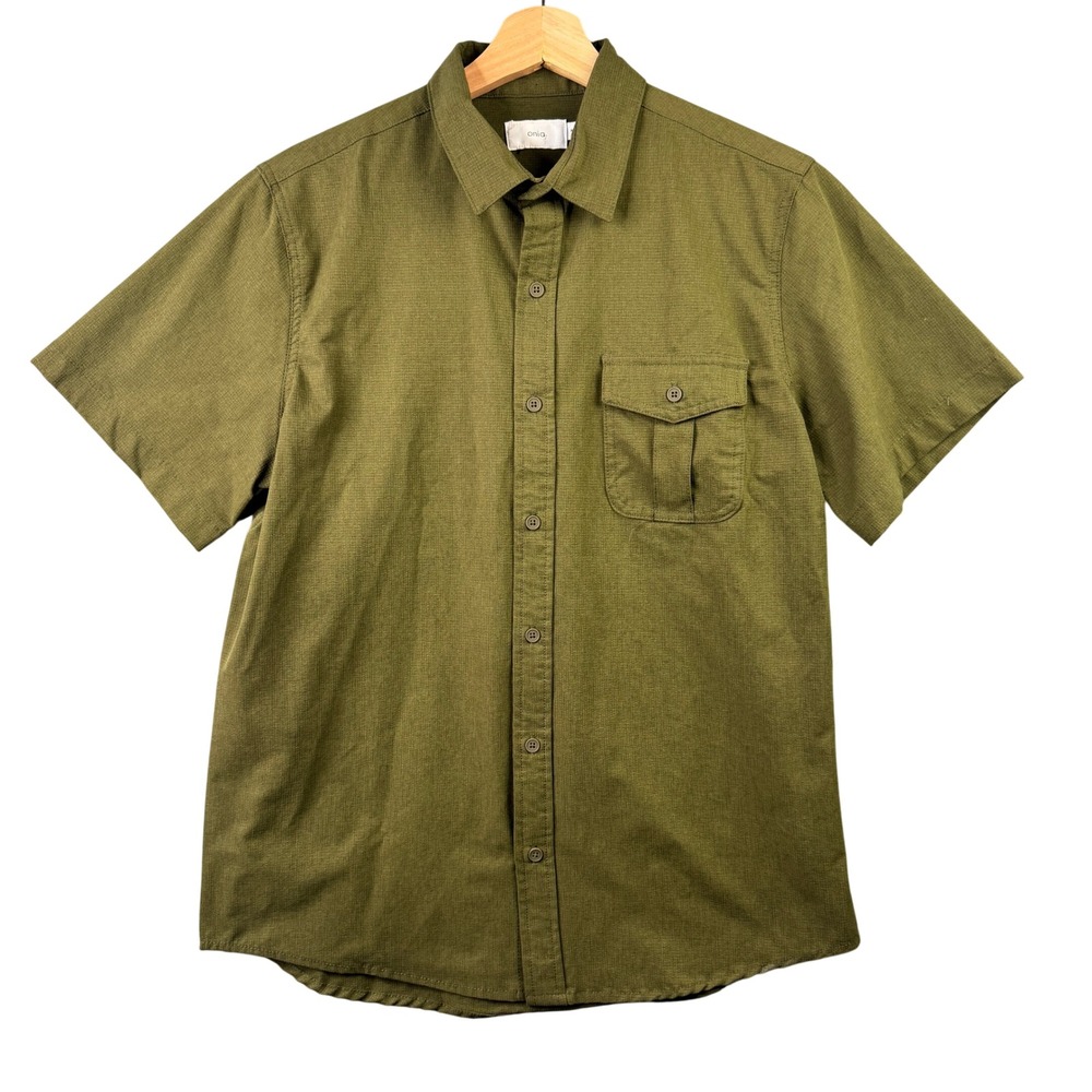 Onia Mens Short Sleeve Button Down Shirt Olive Green Textured Utility Size M
